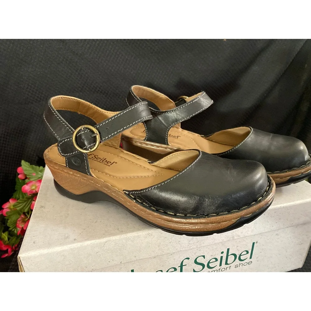 Josef Seibel Antonia 61 Black Leather Comfort Wedge Sandals Womens 37 US 6.5-7